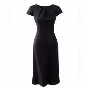 Michiko Koshino Black Minimalist Midi Dress Cap Sleeve Pleated Neck Designer